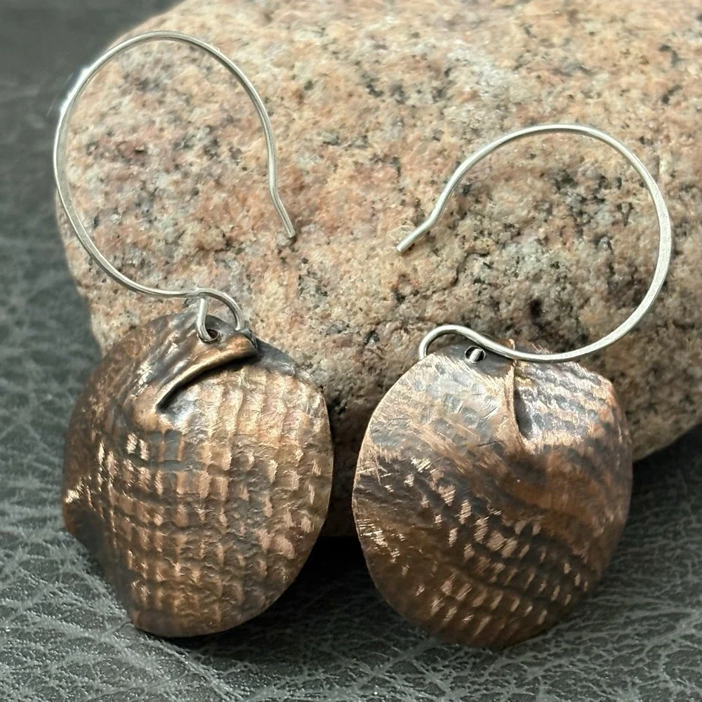 Sterling and Copper Artisan Dangle Pierced Earrings, Forged Handmade Jewelry‎